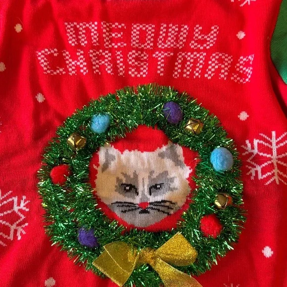 Tipsy Elves Youth Medium Meowy Ugly Christmas Sweater Red/Green/ White, Ages 8-9 - Picture 3 of 5